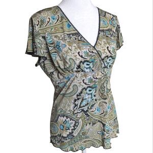 Vintage 90s Perseption Concept Blue Green Paisley Floral Lettuce Edge Top M